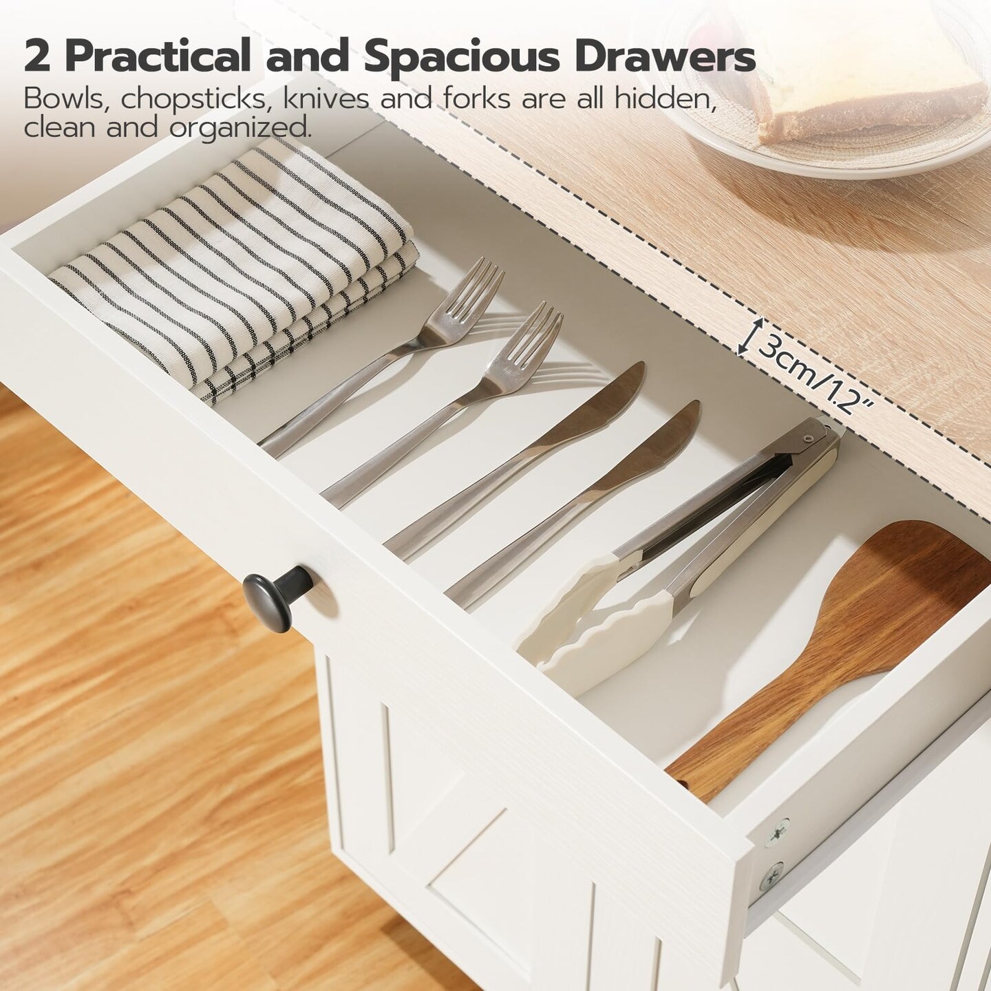 White Particleboard and Metal Kitchen Rolling Island with Drawers, Cabinets and Charging Station