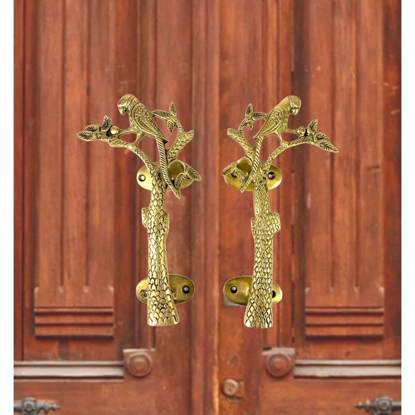 Parrot on the Tree Door Pull Handles Unique Brass 8 Inches Pair of 2 Pull Knobs Antique Design Handles for Drawer, Shelf, Cabinet, Wardrobe, Almirah Housewarming Gift