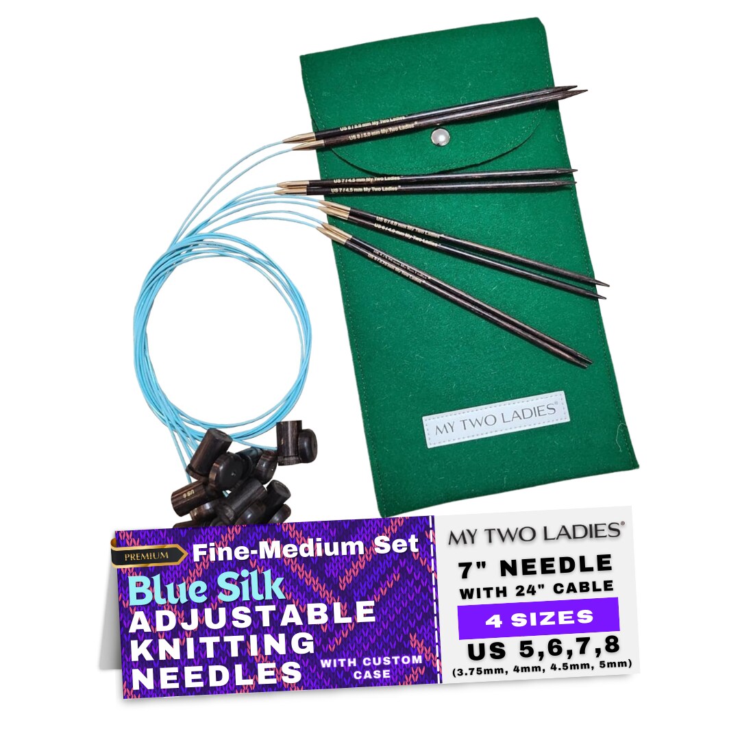 My Two Ladies | Blue Silk | Fine-Medium Set | Adjustable Knitting Needles | 4 SIZES | US5, US6, US7, US8 | w/custom case