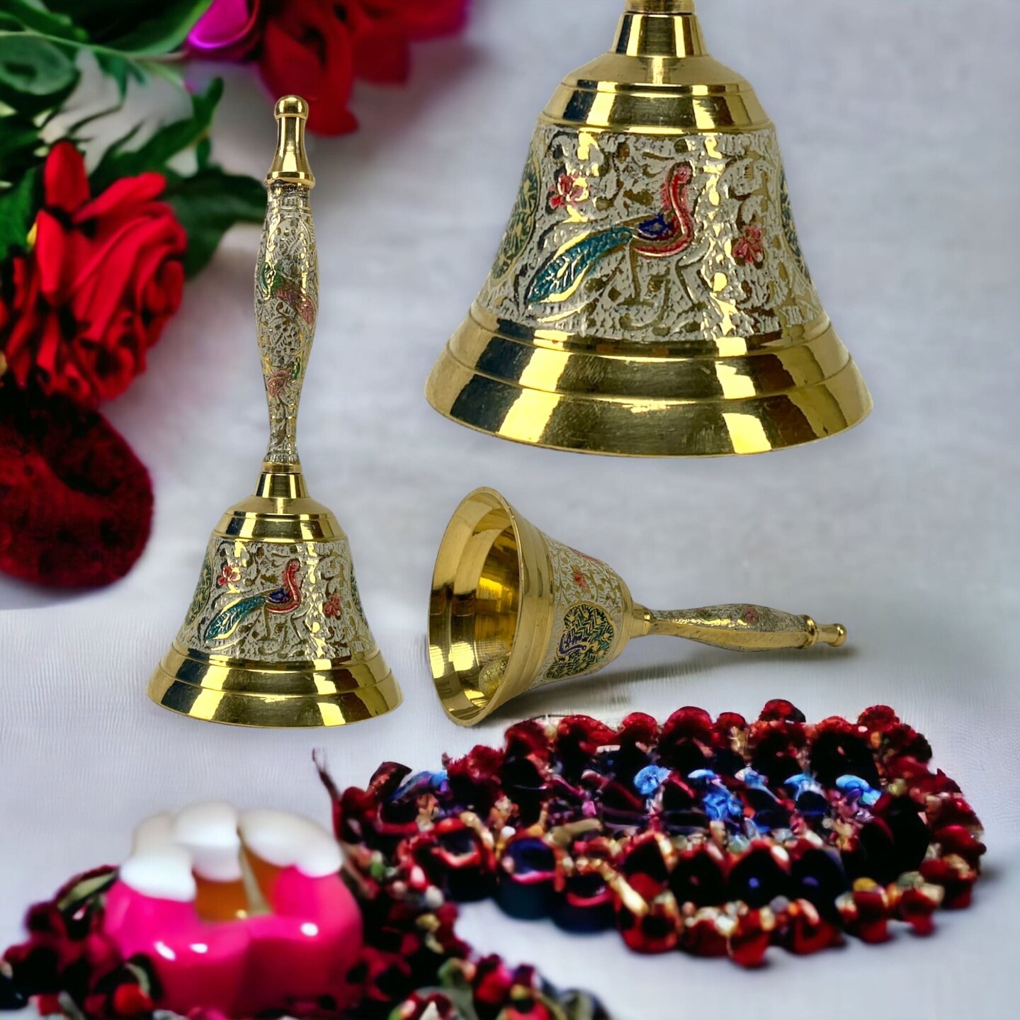 Decorative Peacock Temple Bells Brass Puja Ghanti Hindu Mandir Bell Coloured Pooja Jingle Bells Indian Home Decor Hand Painted Bell Housewarming Gift