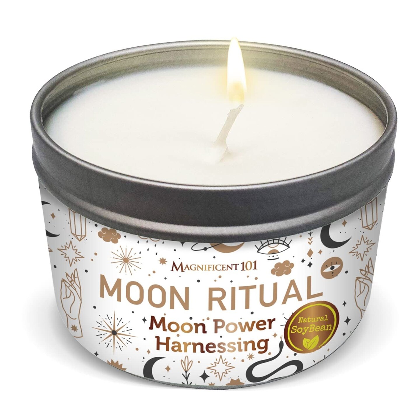 MAGNIFICENT 101 Moon Ritual Soy Wax Smudge Candle - 6 Oz White Tin - 35-Hour Burn & Energy Cleansing - Manifestation & Meditation Candle