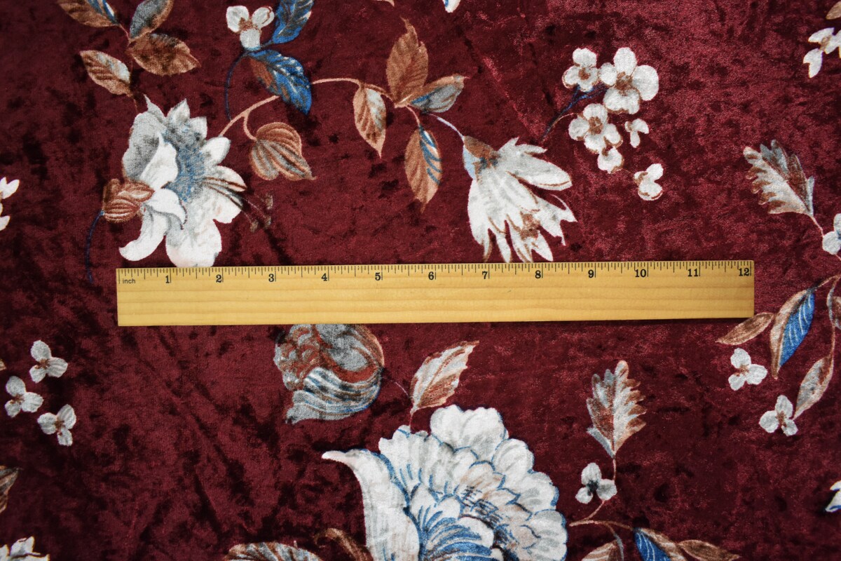 Red-Multi Poly Stretch Floral Printed Crushed Velvet Knit Fabric By the Yard