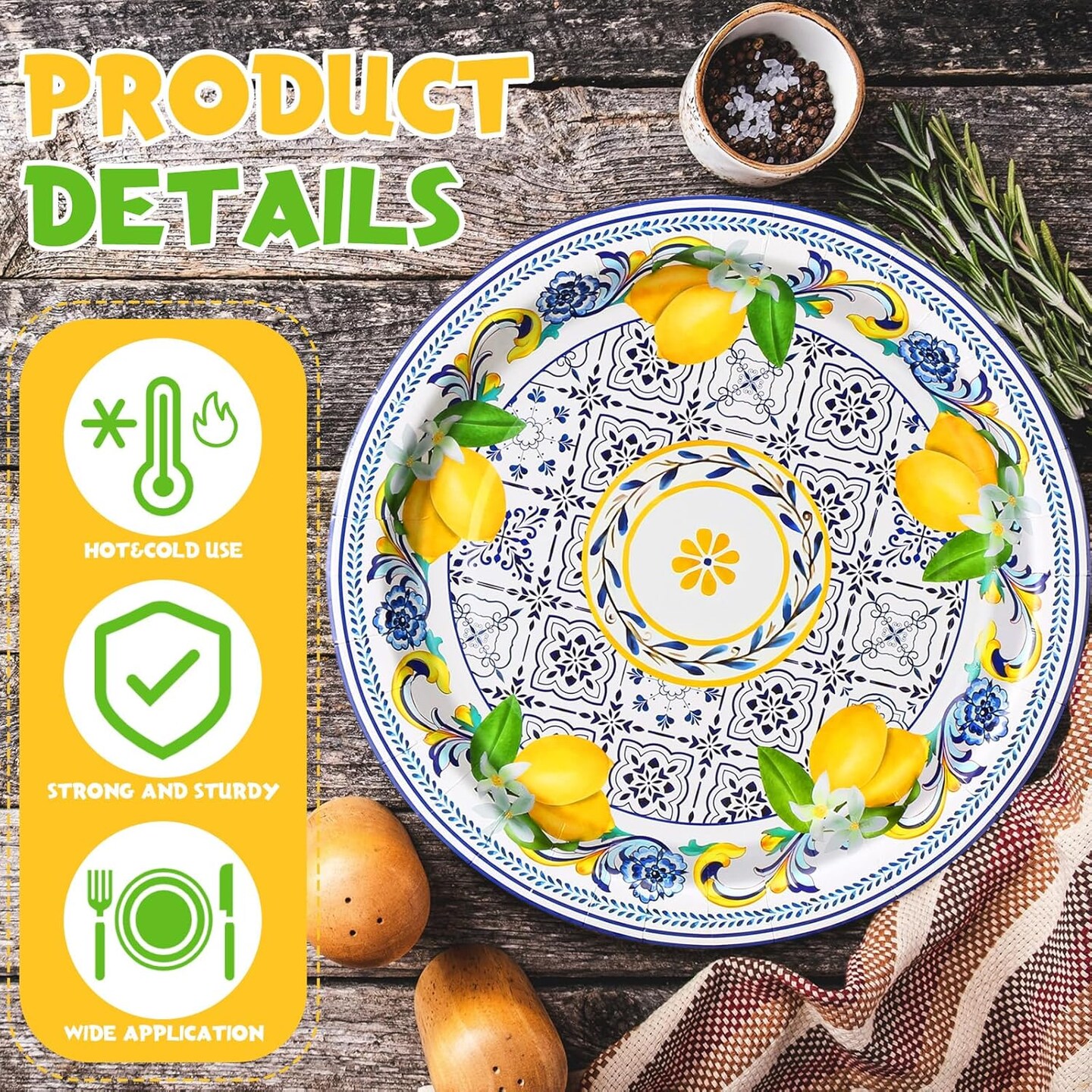 80 Pack Capri Lemon Paper Plates Set 9 in Blue Tiles (Multicolor)