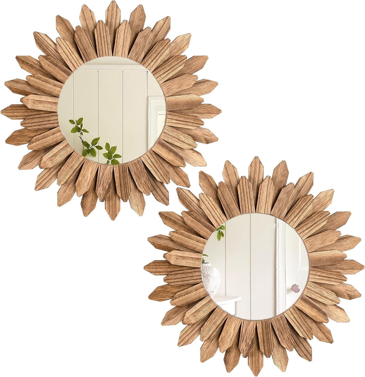 2 Pack Boho Wall Decor Sunburst Mirror, Rustic Round Wood, 12 inch