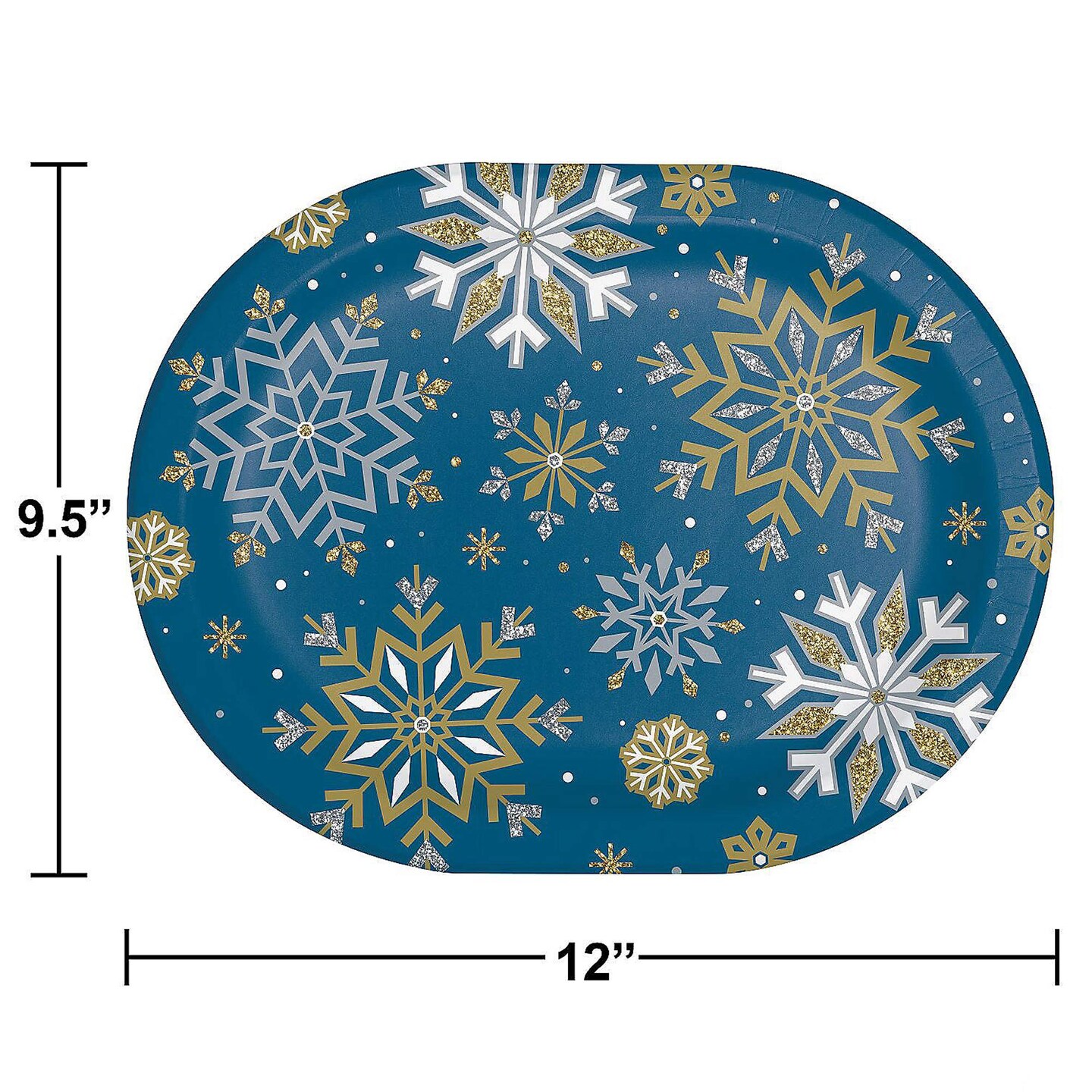 9.25&#x22;x12&#x22; Oval Blue Gold Snowflake Christmas Dinner Plates 24 Count