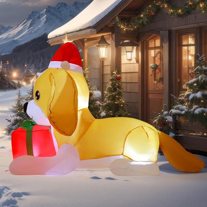 GOOSH 5 FT Long Christmas Inflatables Dog Cute Puppy with a Present Box with Built-in LEDs