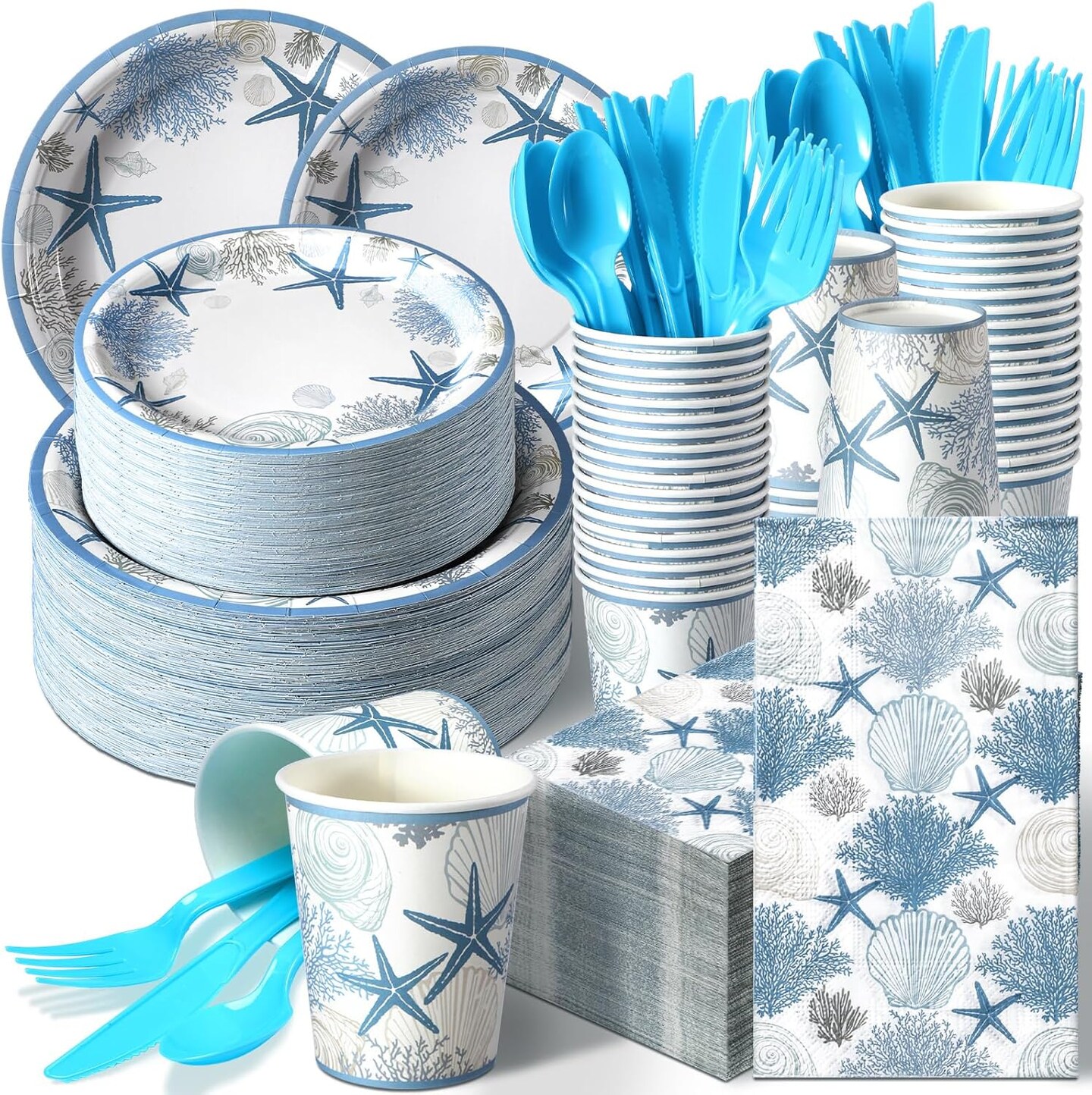 400 Pcs Summer Beach Plates and Napkins Party Supplies Set – Blue Ocean Disposable Paper Dinnerware Kit with Utensils (Knives, Forks, Spoons, Cups) for Birthday, Luau, Pool Bash, Serves 50