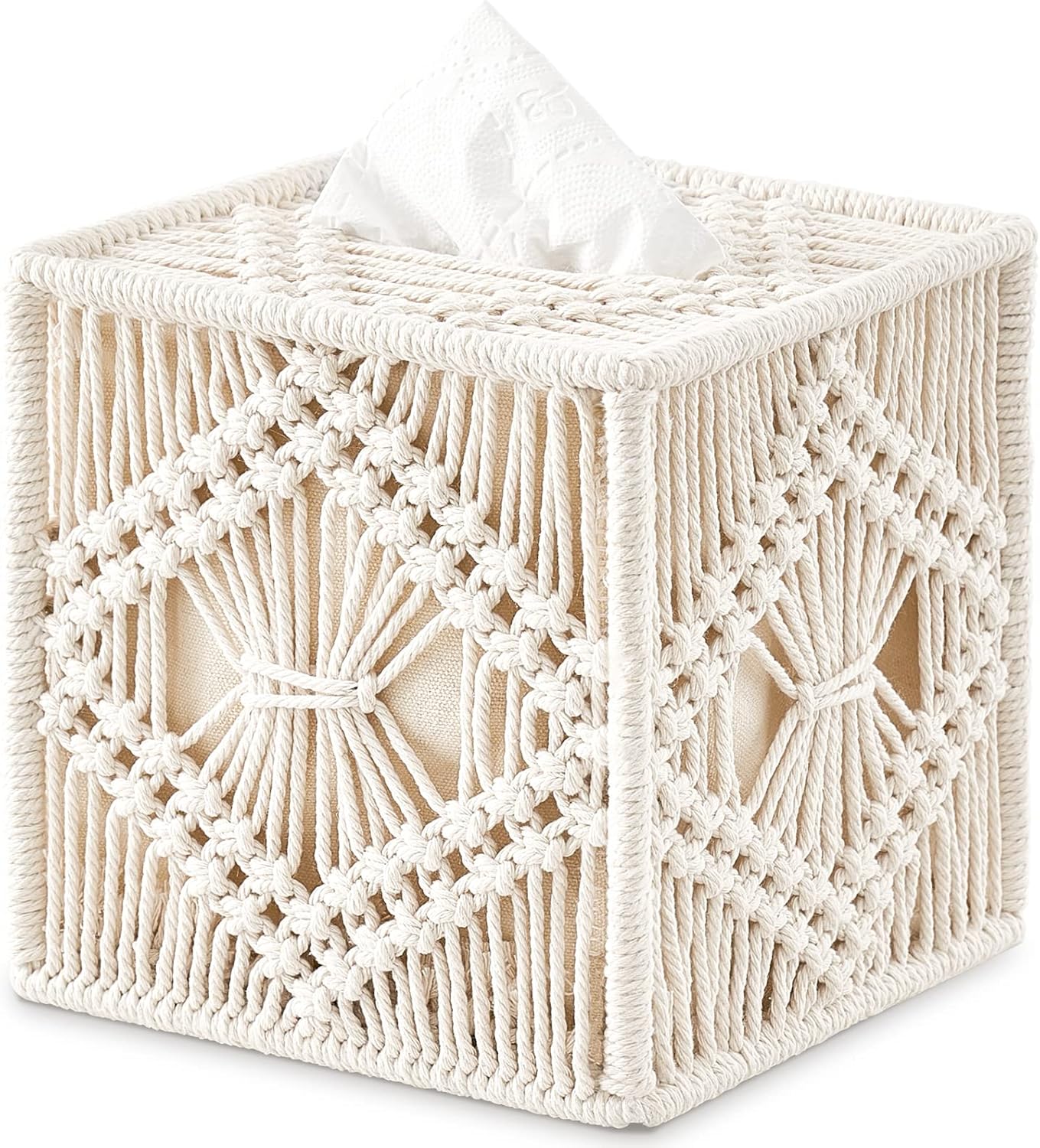 Tissue Box Cover Macrame Square Open-Bottom Tissue Box Holder (Ivory)