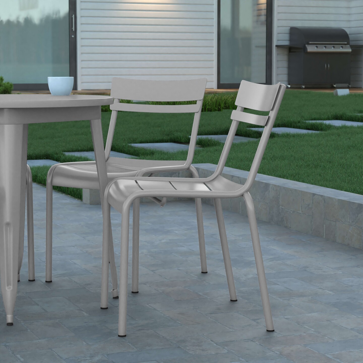 Emma and Oliver Rennes Armless Powder Coated Steel Stacking Dining Chair with 2 Slat Back for Indoor-Outdoor Use