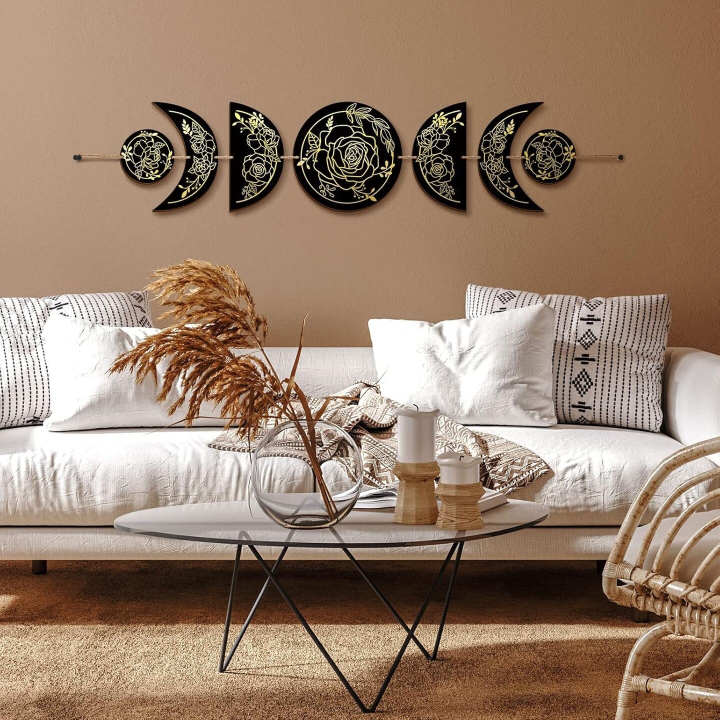 Boho Wall Decoration Moon Phases Wall Art - (Black, Gold)