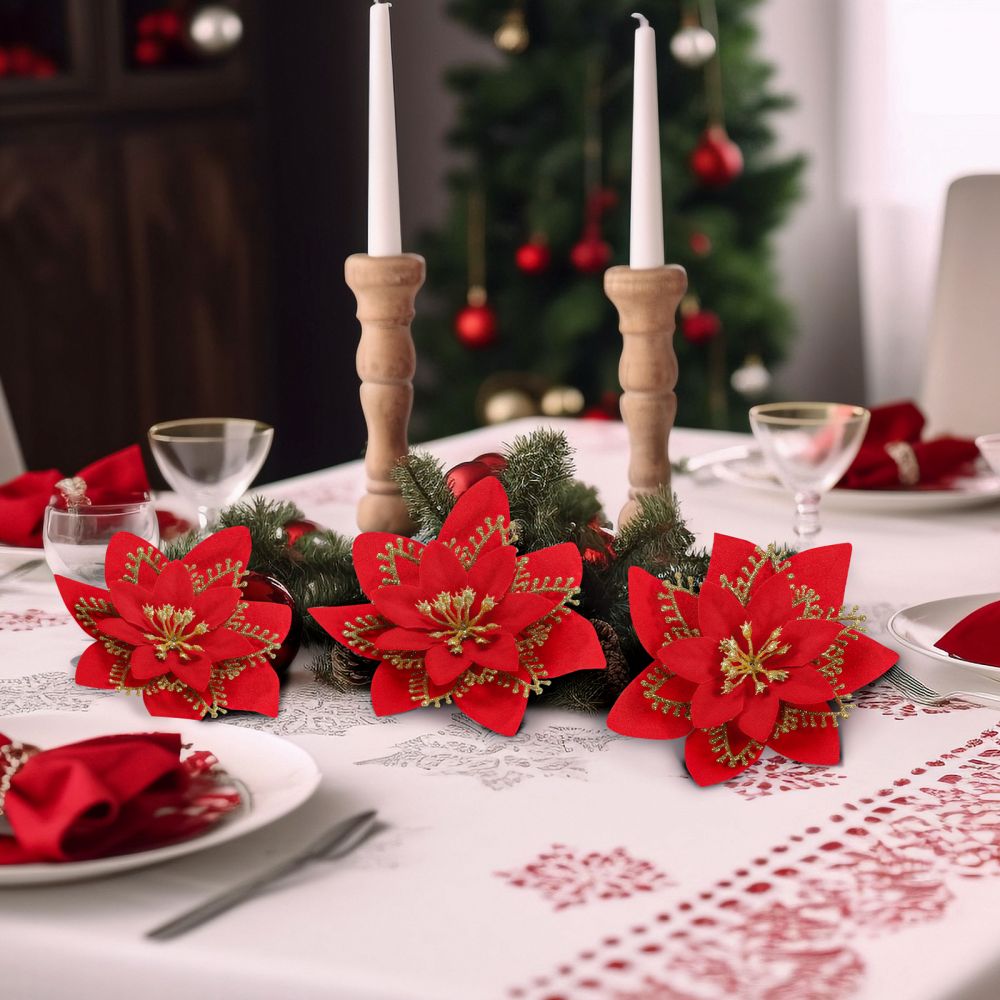 12PCS Christmas Poinsettia Flowers Decorations Artificial Red Glitter Poinsettia Ornaments with Clips & Stems for Xmas Tree, Wreaths, Garland, Holiday Decor