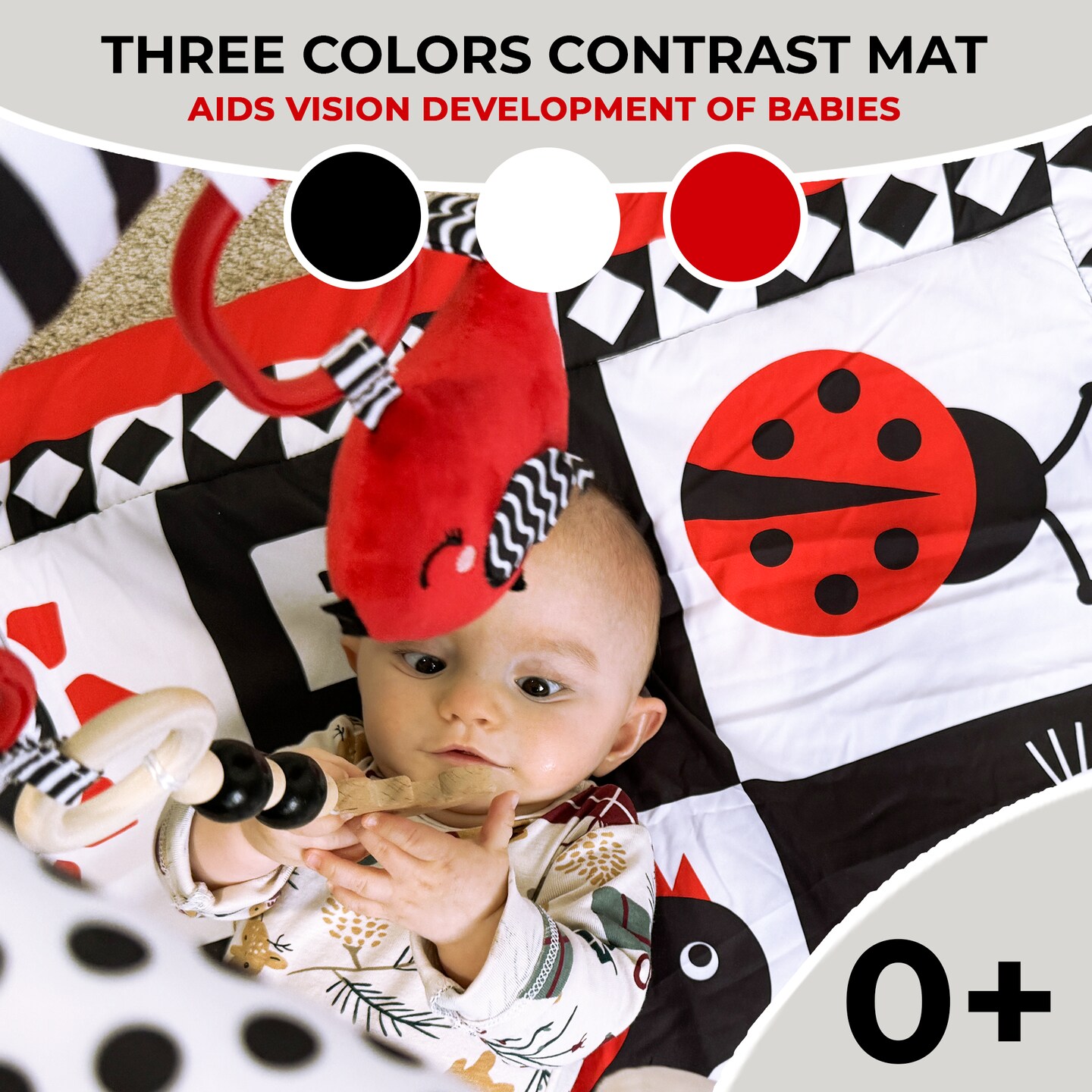 QUOKKA Padded Baby Mat for Floor Tummy Time - High Contrast Baby Kick and Play Mat - 6 Toys | Thick Pad | Machine Washable | Black White Red Colors for Vision Development