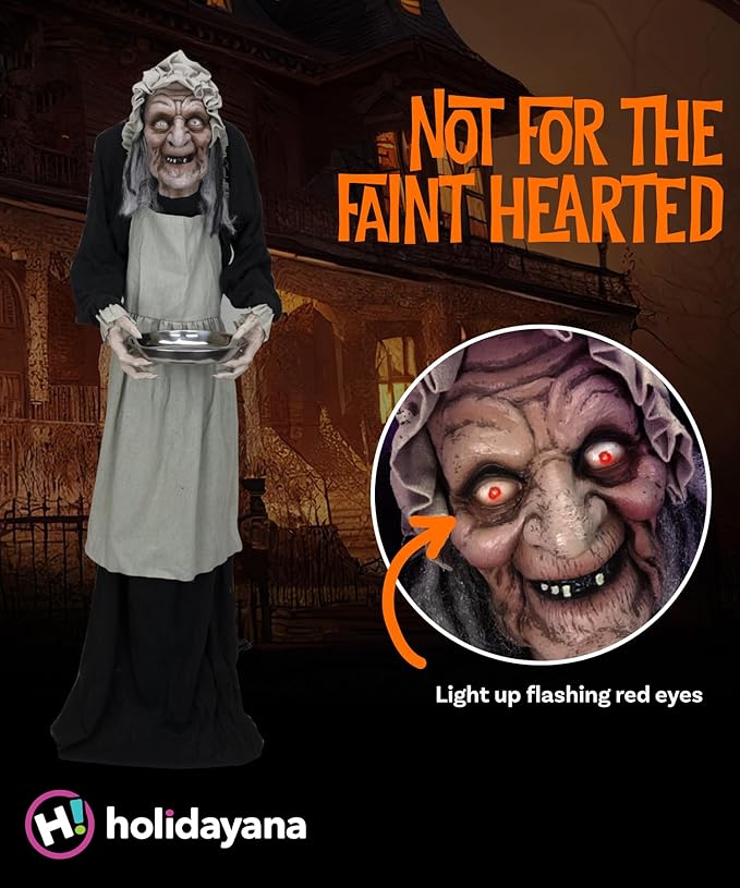 Halloween Animatronics Spooky Old Lady with Candy Dish. 5ft Animated Halloween Decoration. Old Lady Scary Halloween Decoration Outdoor Motion & Sound Activated