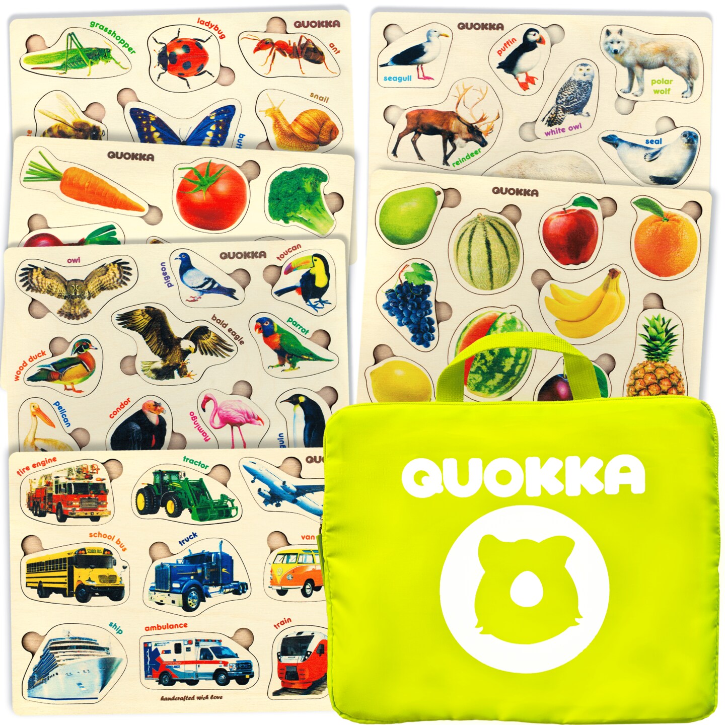 QUOKKA Toddler Puzzles Ages 2-4 in a Bag &#x2013; 6 Montessori Wooden Puzzles for Toddlers 3-5 Year Old &#x2013; Preschool Wood Game for Boys and Girls 4-6 &#x2013; Gift for Learning Realistic Animals Fruits Vehicles