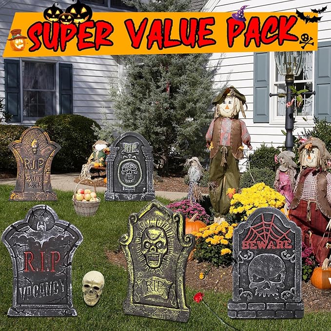 17&#x201D;Rip Tombstones Halloween Decorations with 2 Spiders &#x26; Spiderweb Light Up Headstones for Graves Metal Stakes Indoor Outdoor Scary Yard Sign Vintage Glow In The Dark Cemetery Lawn Decor