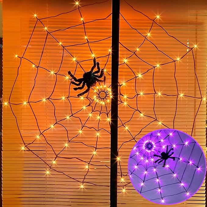 Halloween Spider Web Lights, 4FT Light up Spider Web Outdoor with 84LED and 8 Modes, Halloween Decorations Outside for Party Yard Bar Haunted House (Orange &#x26; Purple)