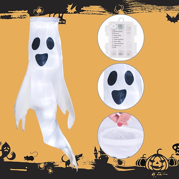 Halloween 4 Ghost Windsocks with Remote Control LED String Lights, Outdoor Halloween Hanging Decorations Battery Powered, Waterproof Ghosts, Cute Decorations for Halloween Party Yard Tree