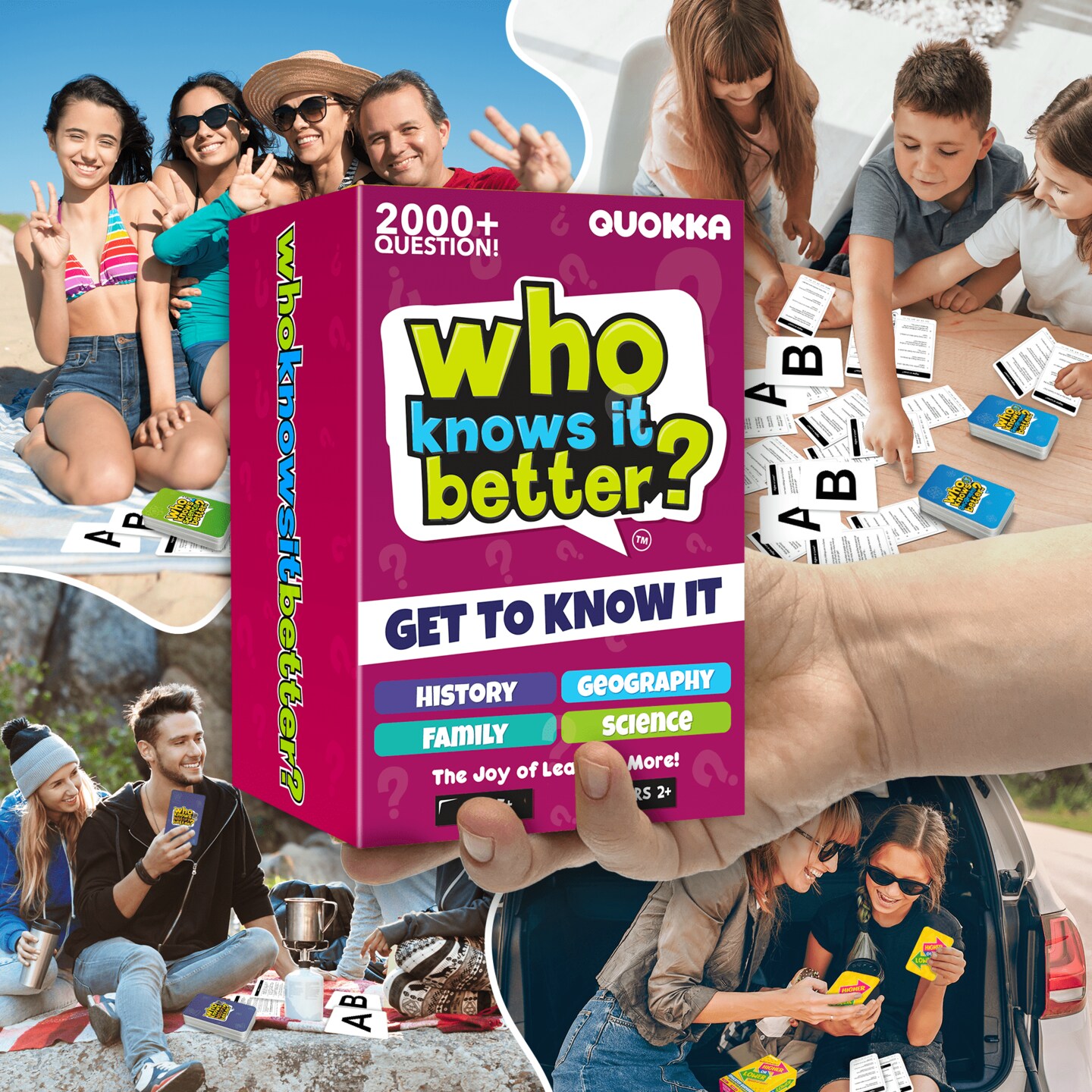QUOKKA Set 4 in 1 Who Knows Better? - History &#x26; Geography &#x26; Science &#x26; ME Trivia Card Game - Fun &#x26; Educational Quiz Questions for Children &#x26; Families - Suitable for Boys &#x26; Girls Ages 5+