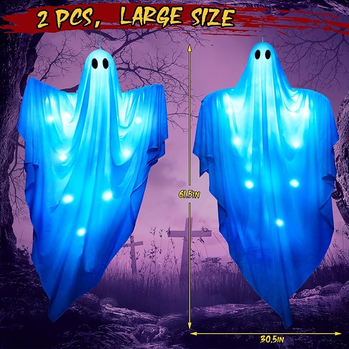 61.5&#x22; Halloween Hanging Light up Ghosts Decor - 2 Pcs Large Spooky Ghosts with Blue LED Lights, Hanging Halloween Decorations Outdoor Indoor Party for Front Porch, Tree, Patio, Yard, Lawn Garden