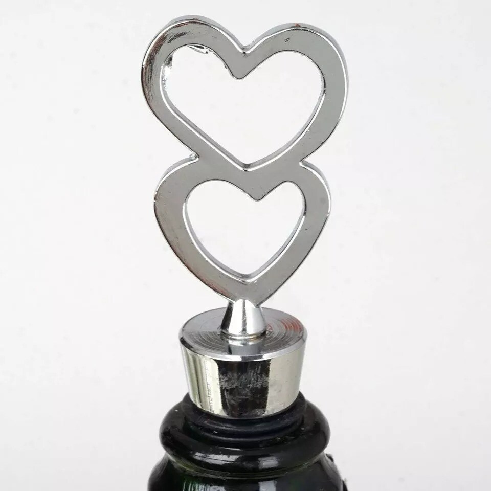 10 Silver Double Heart Wine Bottle Stoppers Wedding Party Favors Supplies