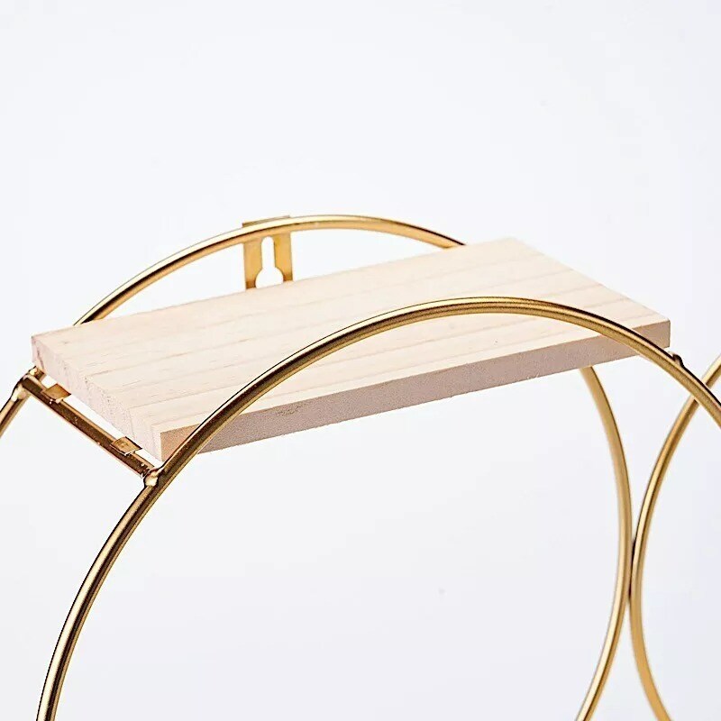 2 Tier Gold Natural Round Metal with Wood Geometric Floating Shelf Decorations