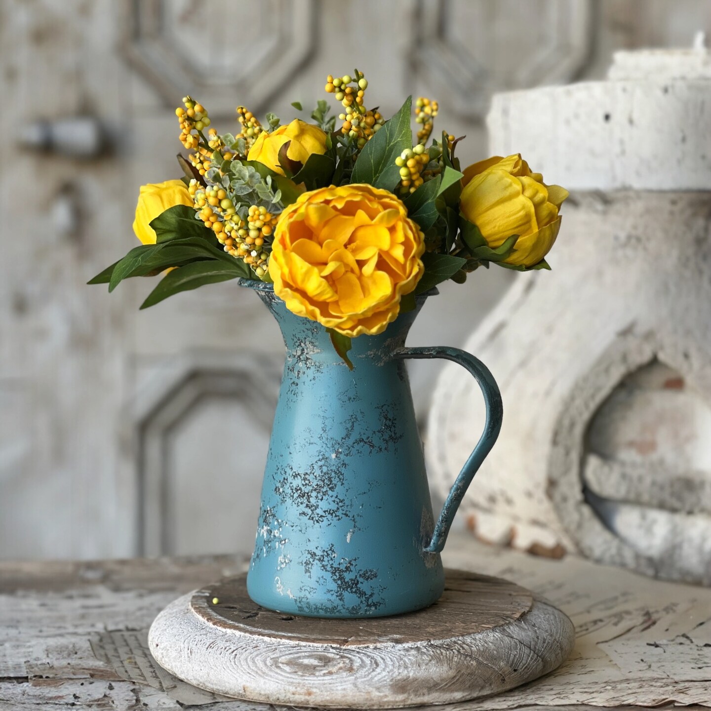 Blue Decorative Pitcher - Rustic Tabletop Decor - Holiday Tree