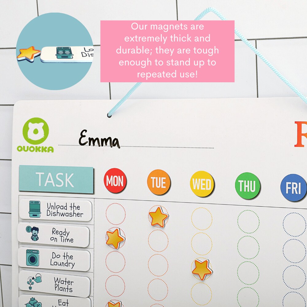 QUOKKA Magnetic Behavior Chore Chart for Kids at Home - Gift Reward Visual Schedule Chart - Dry and Erase Routine and Responsibility - Use 99 Magnets, Markers, Stickers - From Toddlers to Teens