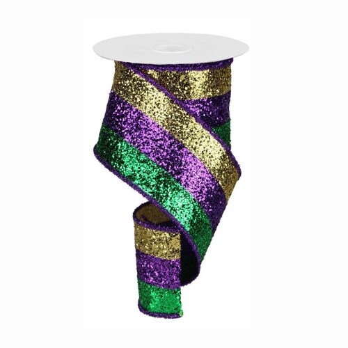 4&#x22;x10yd Mardi Gras 3-In-1 Large Glitter Tinsel Wired Ribbon &#x2013; Purple, Green, Gold | RG8986AP