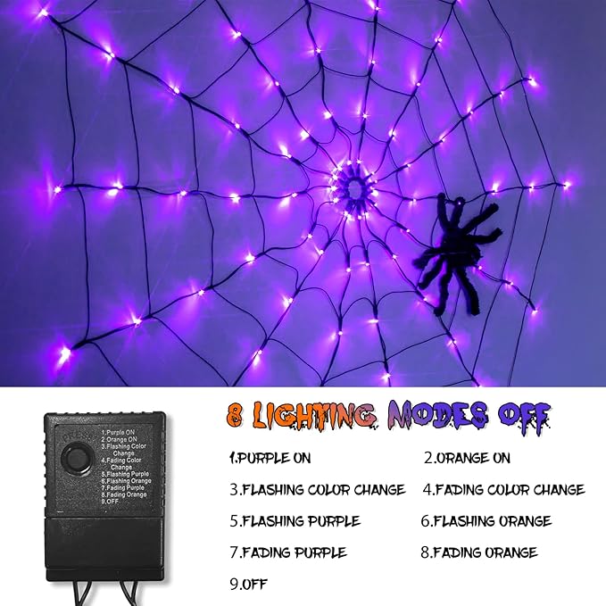 Halloween Spider Web Lights, 4FT Light up Spider Web Outdoor with 84LED and 8 Modes, Halloween Decorations Outside for Party Yard Bar Haunted House (Orange &#x26; Purple)