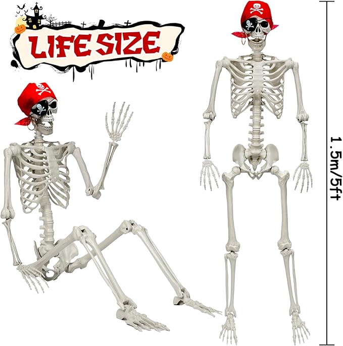 Full Body Life-Size Skeleton Prop with Movable Joints for Halloween Decorations Outdoor Yard Haunted House Prop Decorations