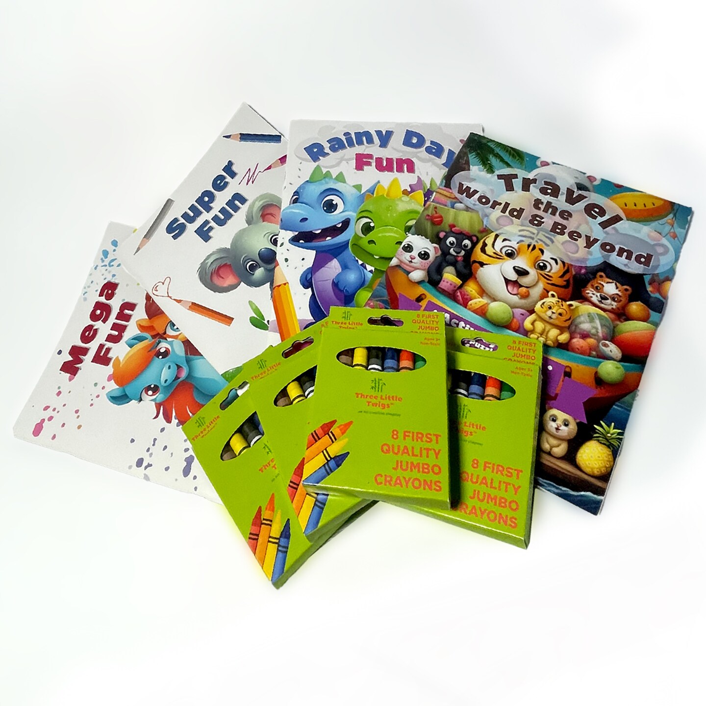 Three Little Twigs: Beginners Activities Coloring Books 8pc Bundle - 4 Puzzle Books &#x26; 4 Pk of 8ct Jumbo, Junior Coloring &#x26; Puzzle Set, Kids Ages 3+