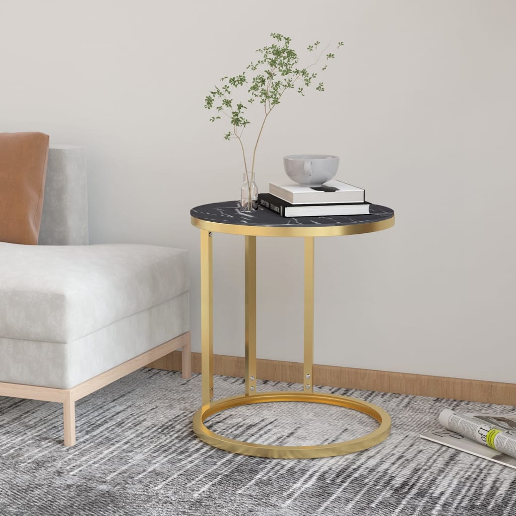 vidaXL Side Table Gold and Black Marble 17.7&#x22; Tempered Glass