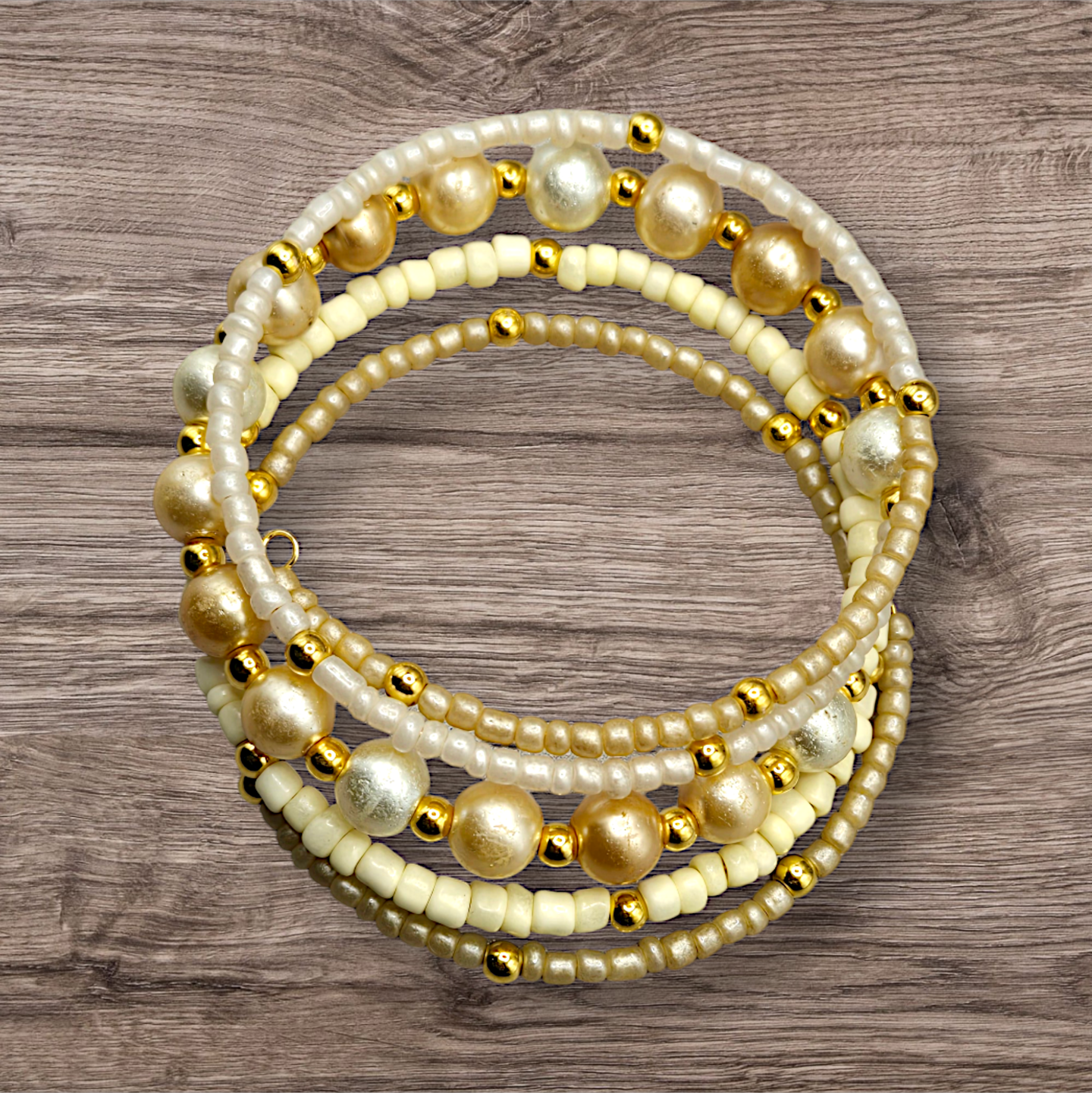 Gold Four Coil Wrap Bracelet, Pearl Memory Wire Bracelet, Beaded
