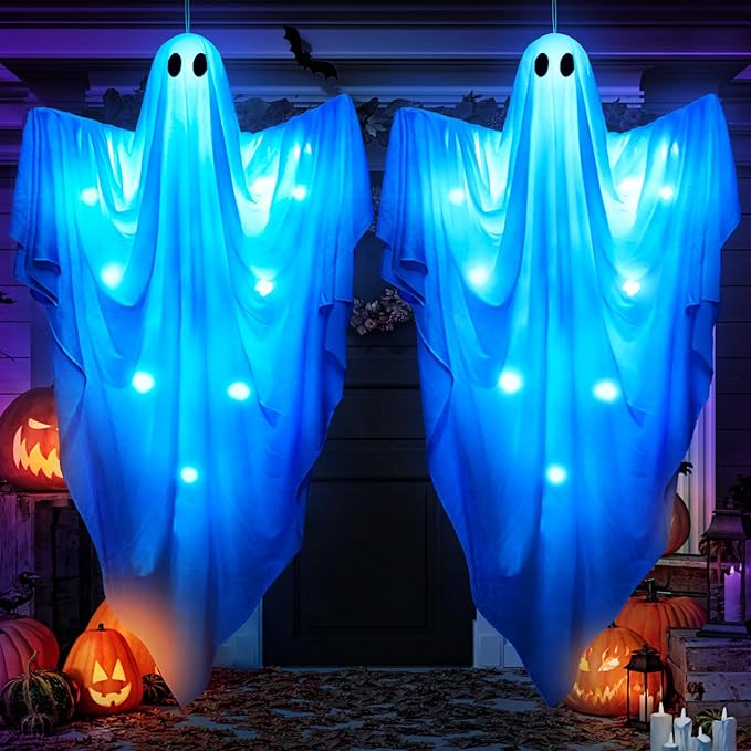 61.5&#x22; Halloween Hanging Light up Ghosts Decor - 2 Pcs Large Spooky Ghosts with Blue LED Lights, Hanging Halloween Decorations Outdoor Indoor Party for Front Porch, Tree, Patio, Yard, Lawn Garden