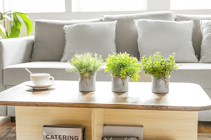 Small Fake Plants in Farmhouse Galvanized Metal Pots 3 Pack Potted Artificial Plant Eucalyptus for Laundry Room Bathroom Shelf Table Decor