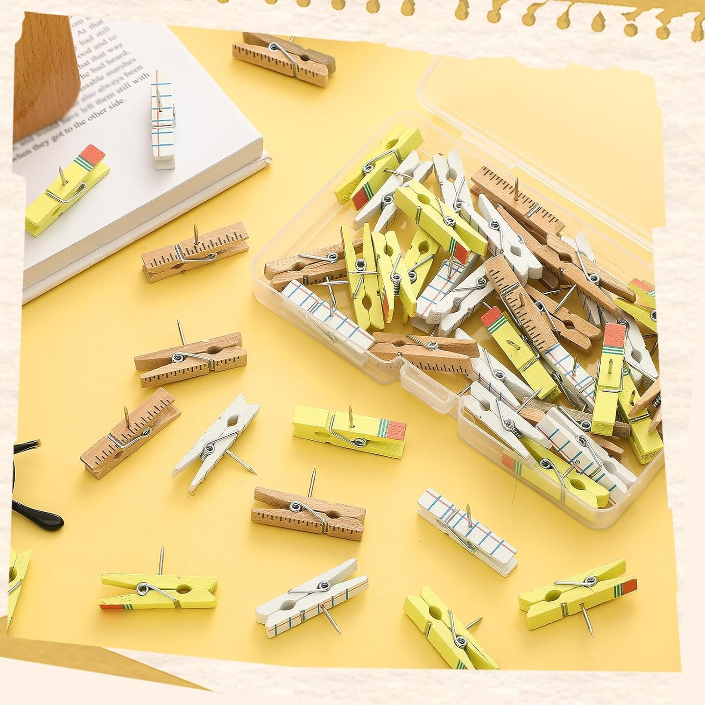 48 Pcs Pencil Ruler Colorful Push Pin with Wooden Clips Teacher Cork Board Artworks Decorative Pushpins Tacks for Classroom Photo Clips for Teacher Office Homes Supplies
