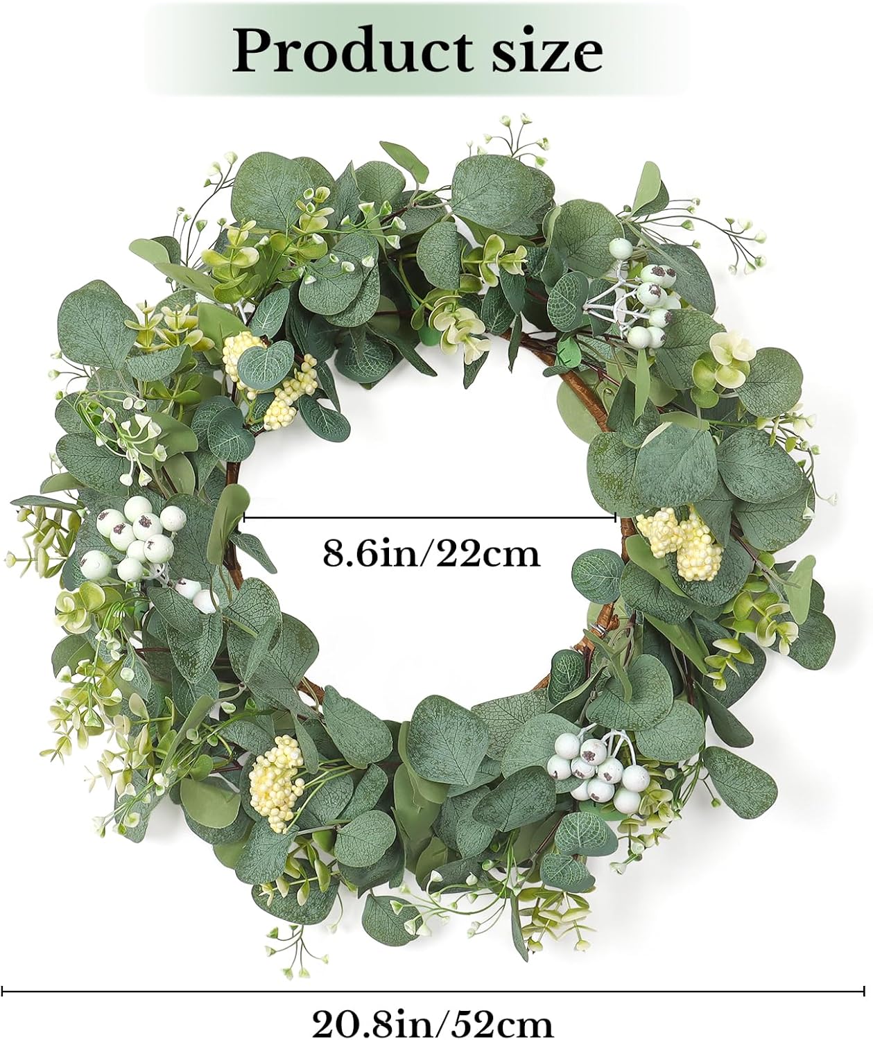 Wreaths for Front Door 20&#x27;&#x27; Eucalyptus Wreath Spring Green Wreath with White Berries for Home Porch