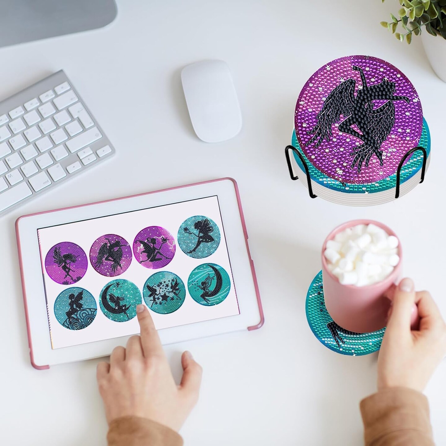 8 Pcs Elves Diamond Art Coasters Kits with Holder DIY Cute Elves Diamond Art Coaster Non Slip Coaster for Adults Diamond Kits Supplies