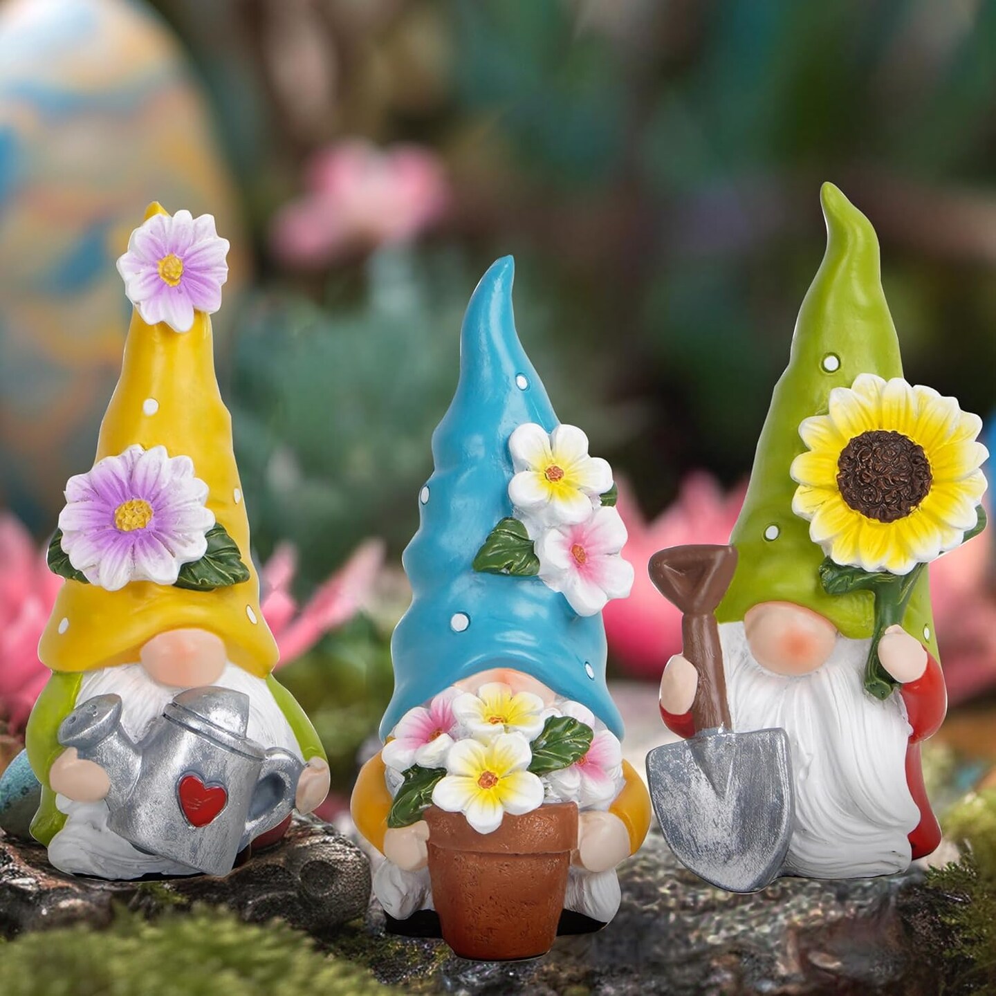 3 Pcs 3.5&#x27;&#x27;H Spring Gnomes Garden Pointed Hat Flowers Gnome Decorations Handmade Tomte Elf Summer Resin Gnomes Figurines Spring Decorations for Home Table Decor Gifts