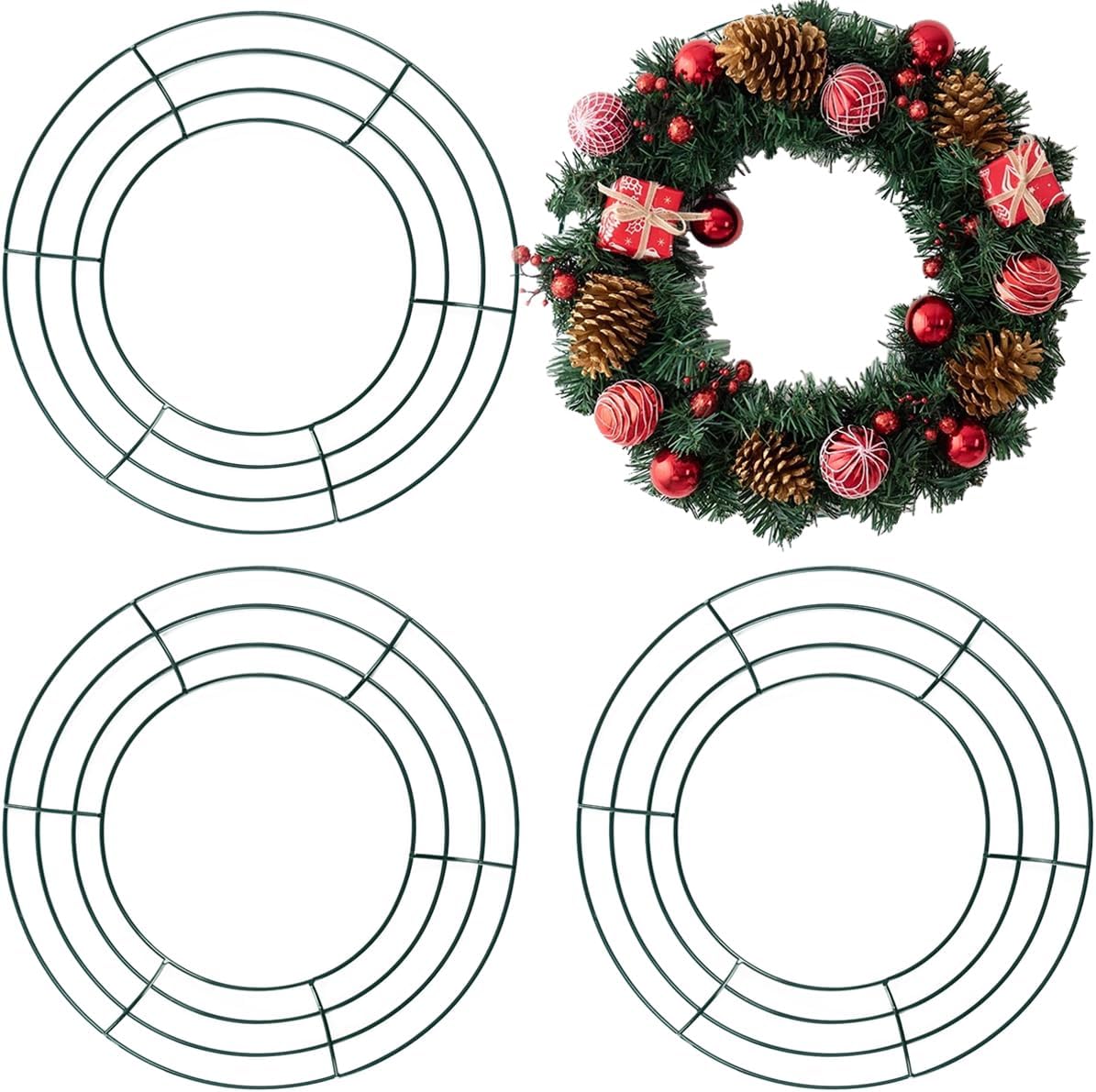 3PCS 10&#x201D; Wire Wreath Frames Green Christmas Metal Round Wreath Form Wire Frames for Floral Arrangements Craft DIY Thanksgiving Autumn Christmas Wreath Supplies