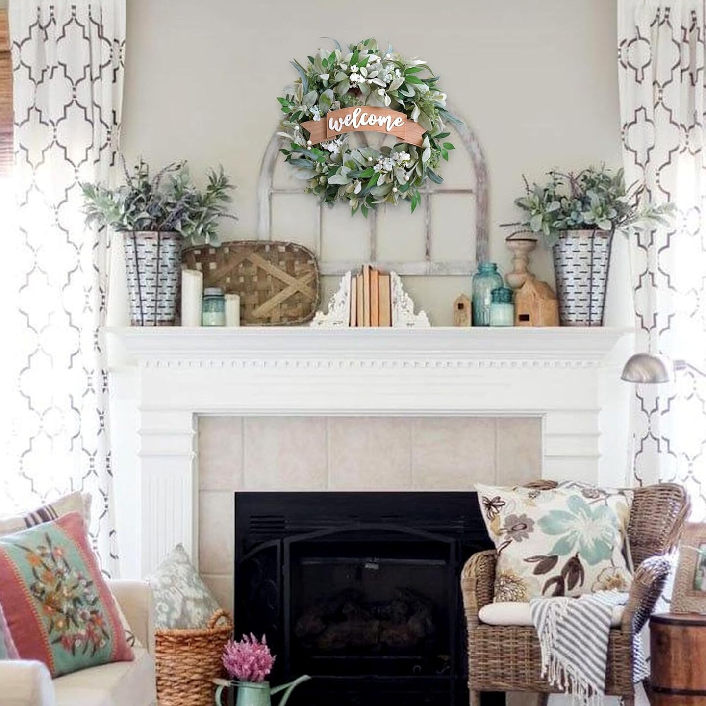 22 Inch Spring Everyday Lamb Ears Leaves Wreath with White Wild Flowers and Berries for Front Door, Welcome Wood Sign Green Leaves Wreath for Indoor Outdoor, Everyday Leaves Wreath