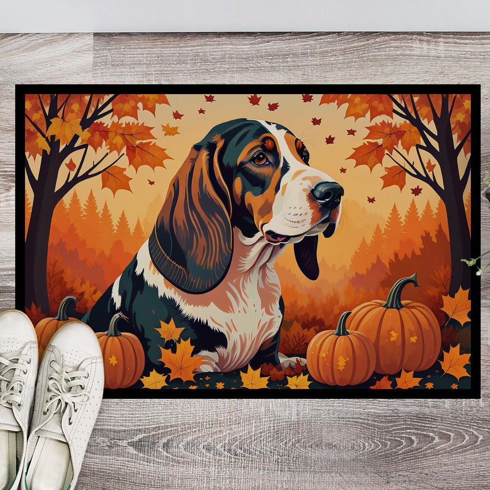 Edge Collections - 24" x 36" - Multicolor - Basset Hound Fall Doormat Indoor Outdoor Rug Non Slip Washable - 1 Piece