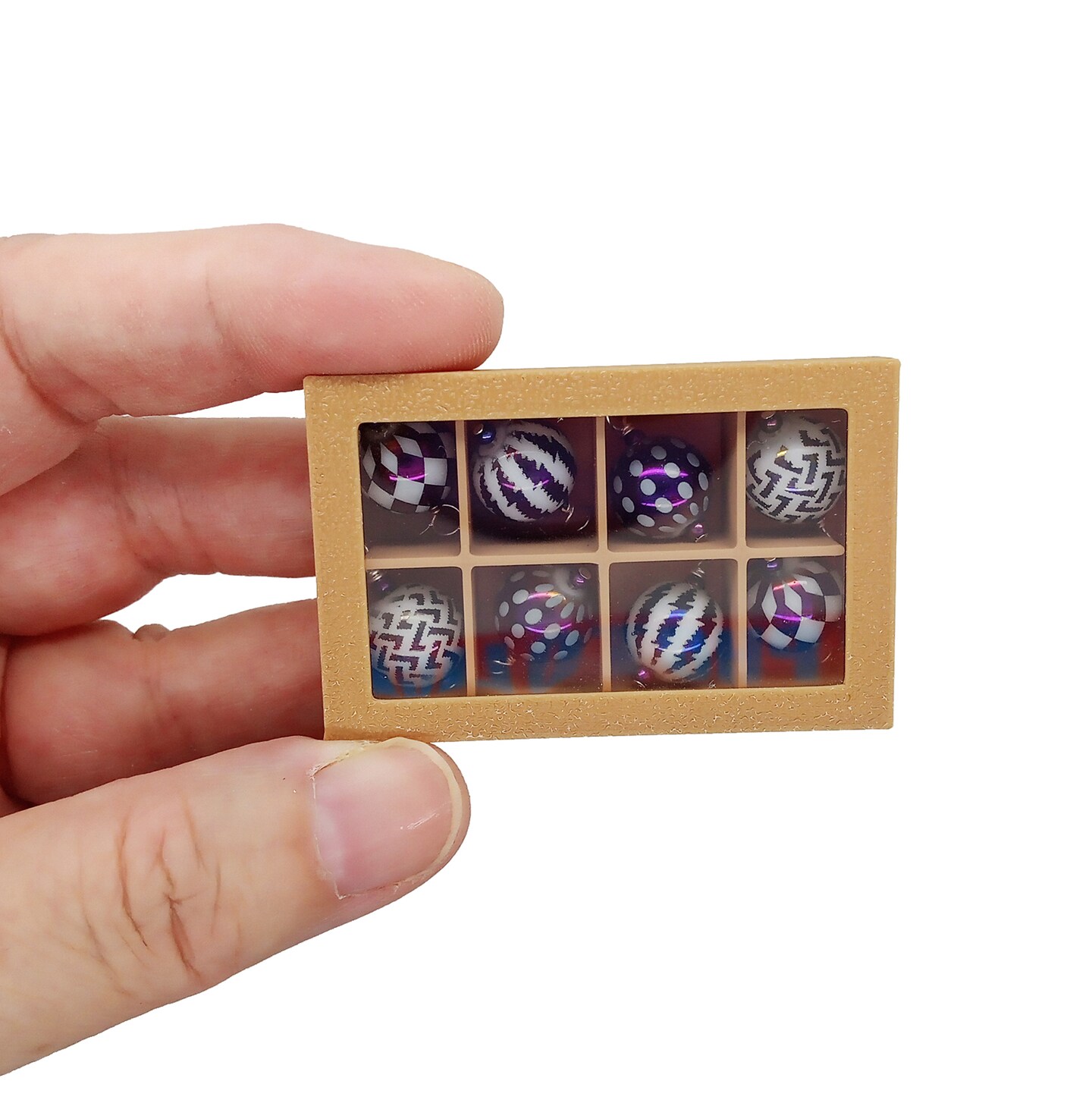 Miniature Purple Ornaments with Box, Dollhouse Christmas Baubles, Adorabilities