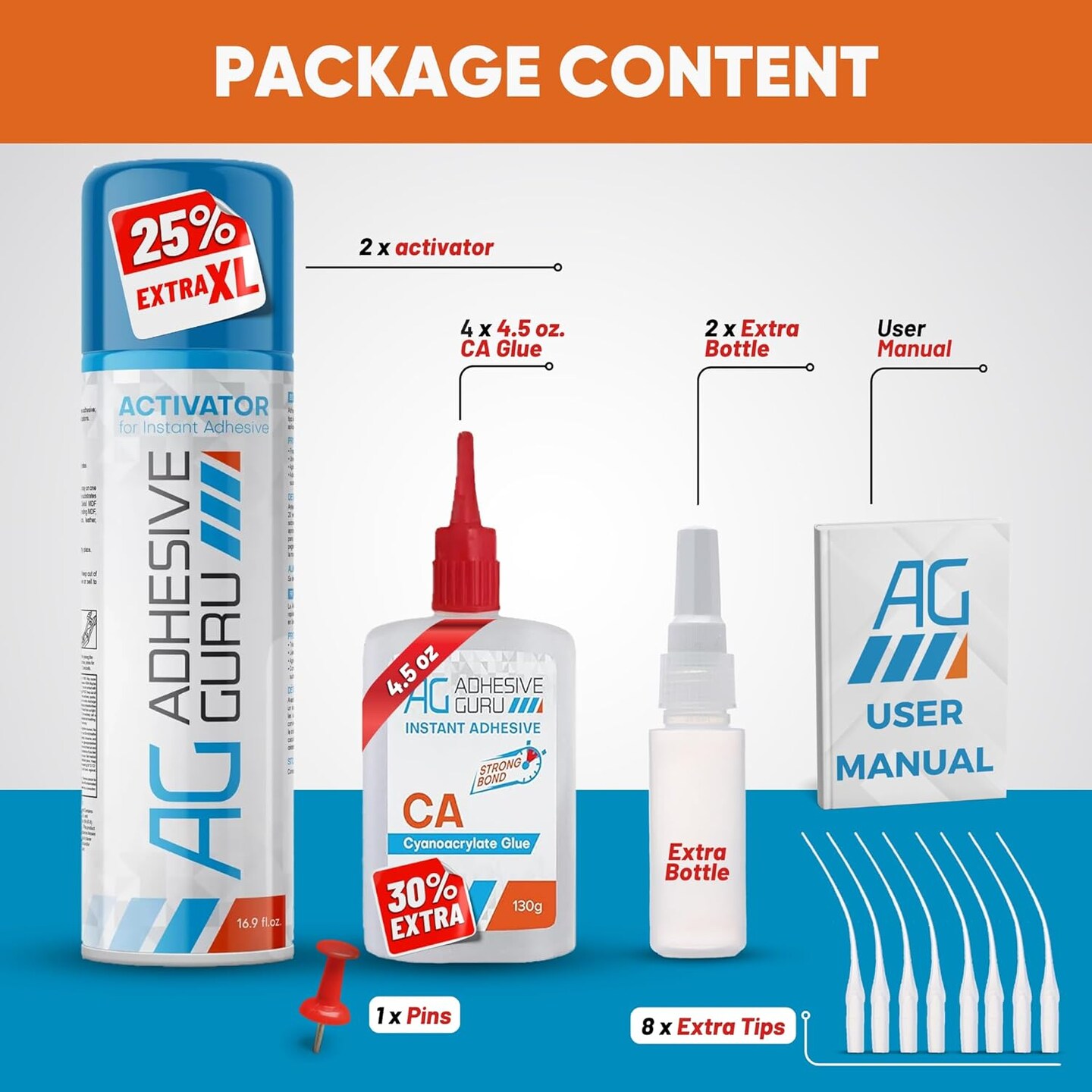 ADHESIVE GURU AG250 CA Glue (4x4.5 oz) & Activator Spray Set (2x16.9 fl oz) with Microtips, Clear Super Glue and Accelerator Kit