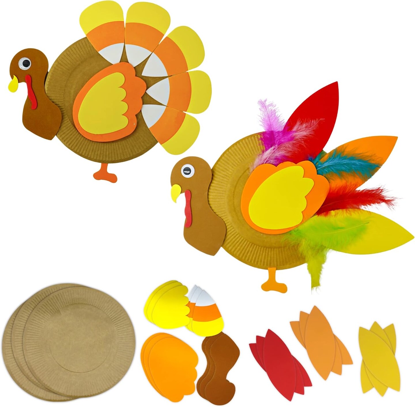 4E's Novelty Turkey Plate Craft Kit for Kids (4 Pack) – DIY Thanksgiving Arts & Crafts, 2 Styles, Self-Adhesive Foam Stickers, Feathers & Googly Eyes, Fall Activity for Toddlers, Kids & Classroom Fun