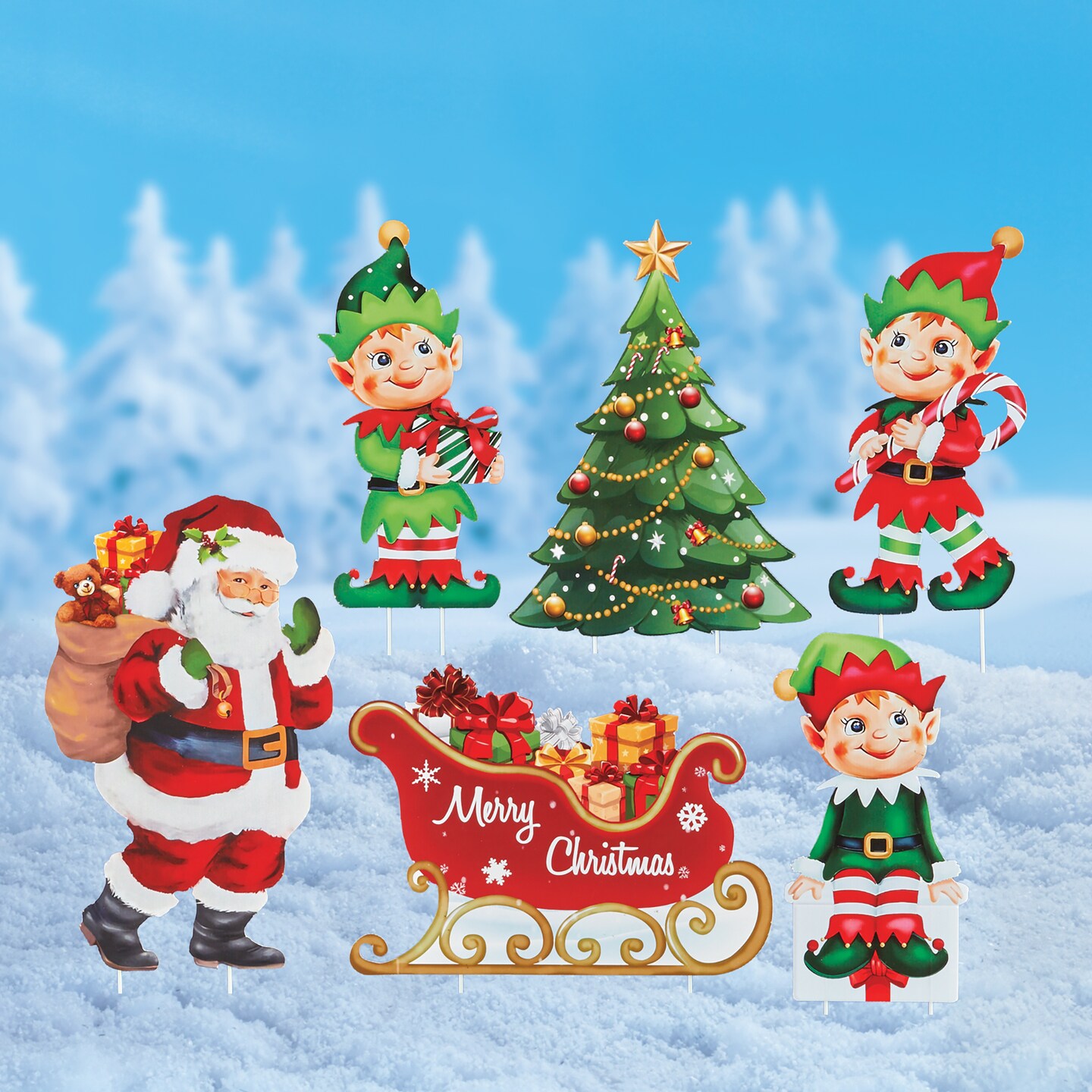 Collections Etc Santa and Elves Christmas Garden Stake Decorations - Set of 6
