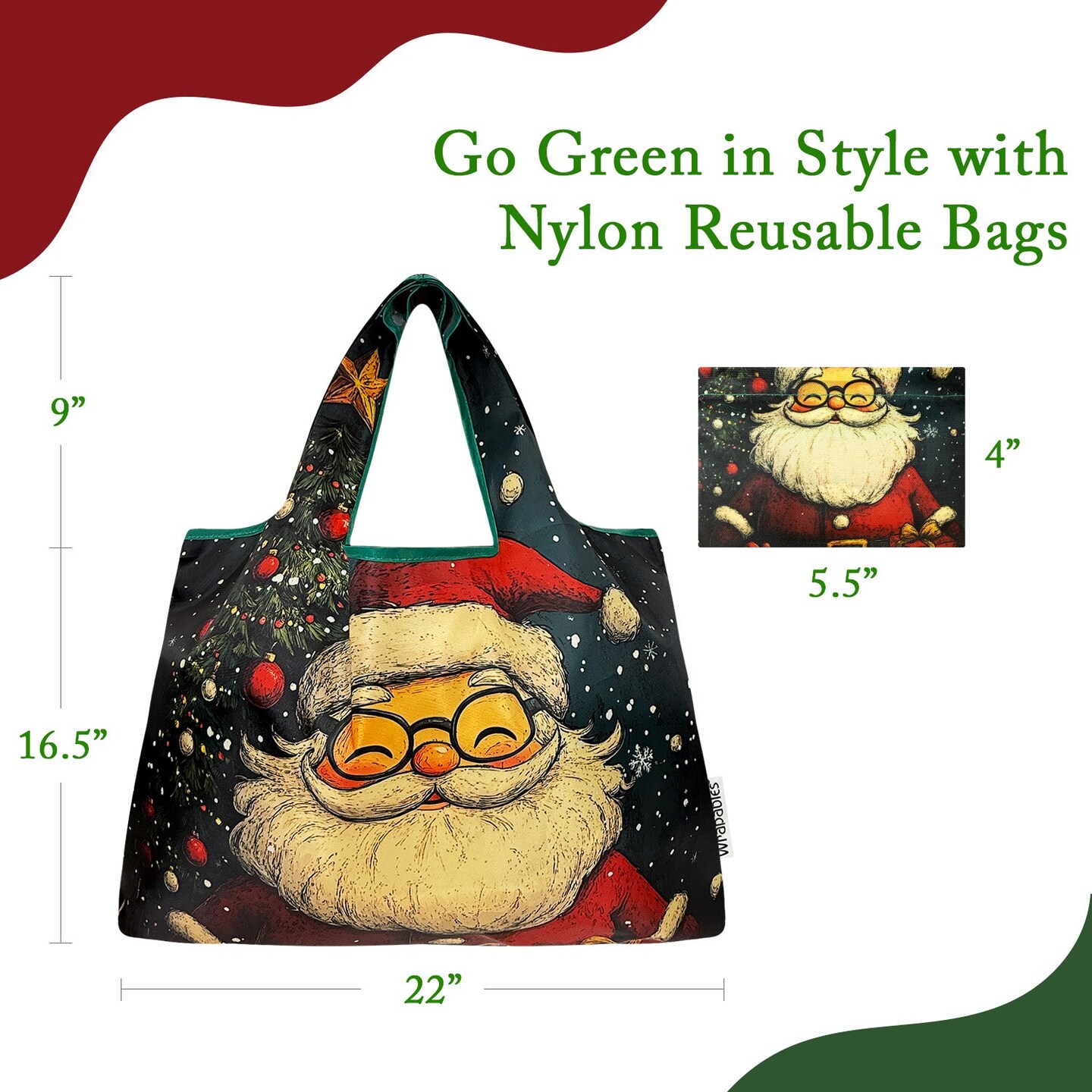 Wrapables Large Foldable Christmas Holiday Nylon Reusable Grocery Bag, Santa