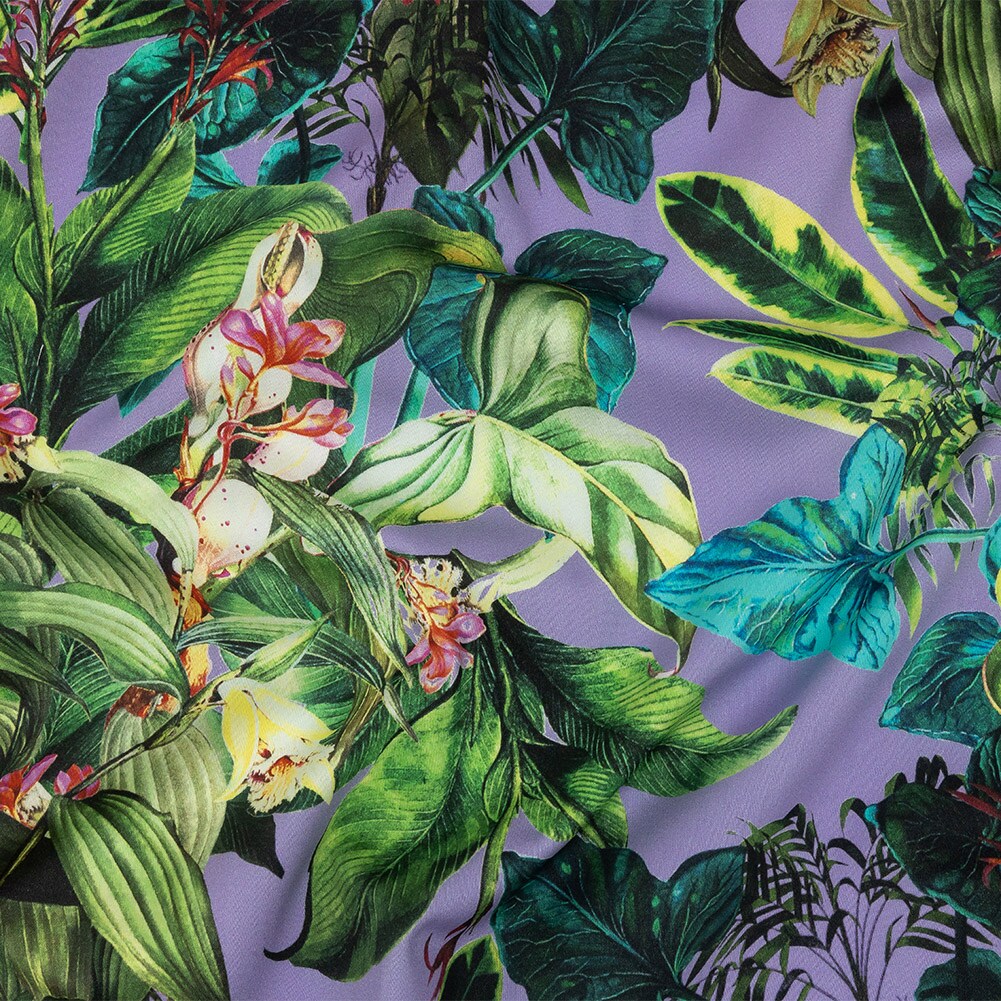 1 Yard Stretch Cotton Sateen Lavender Florals and Fauna Jungle Inspired Print Fabric
