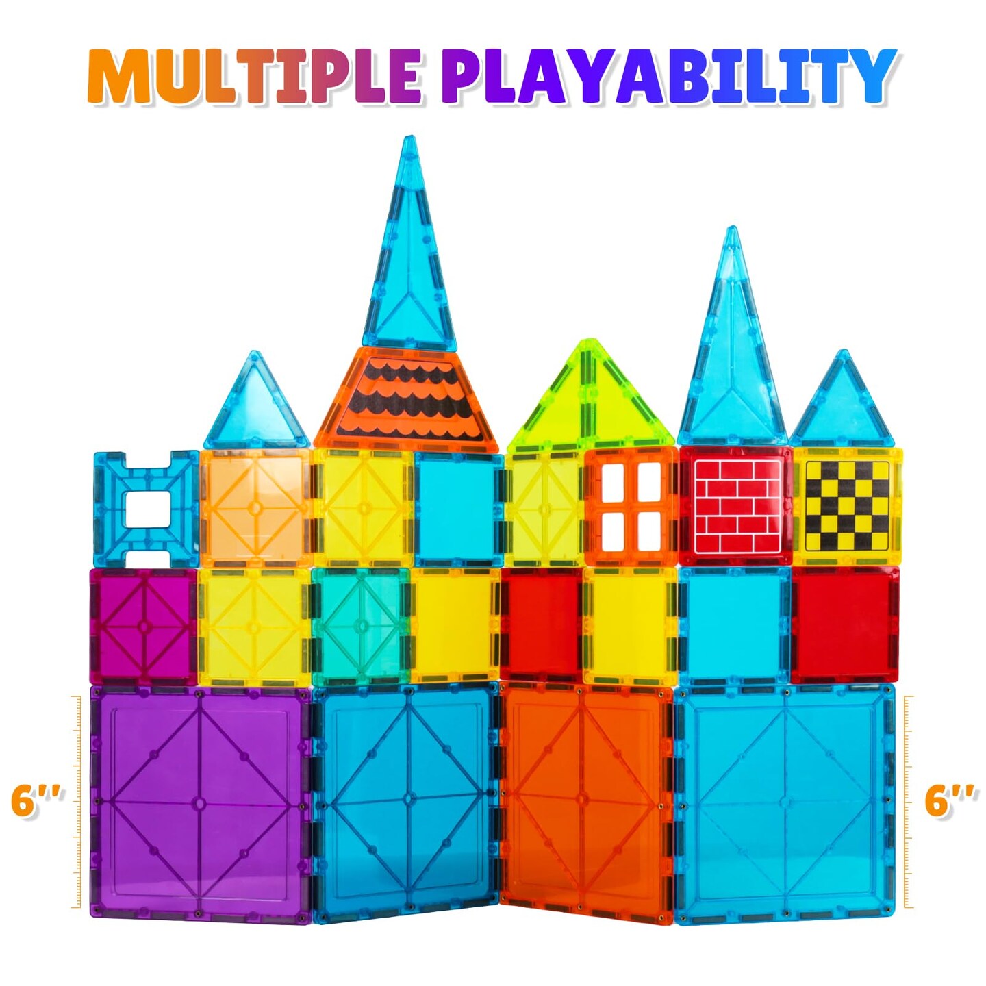 NEOFORMERS 6 Piece Magnetic Tiles Set Large Square Shape Magnet Building Block Construction Toy STEM Learning Kit Educational Playset Playboard (NF-06 Set)