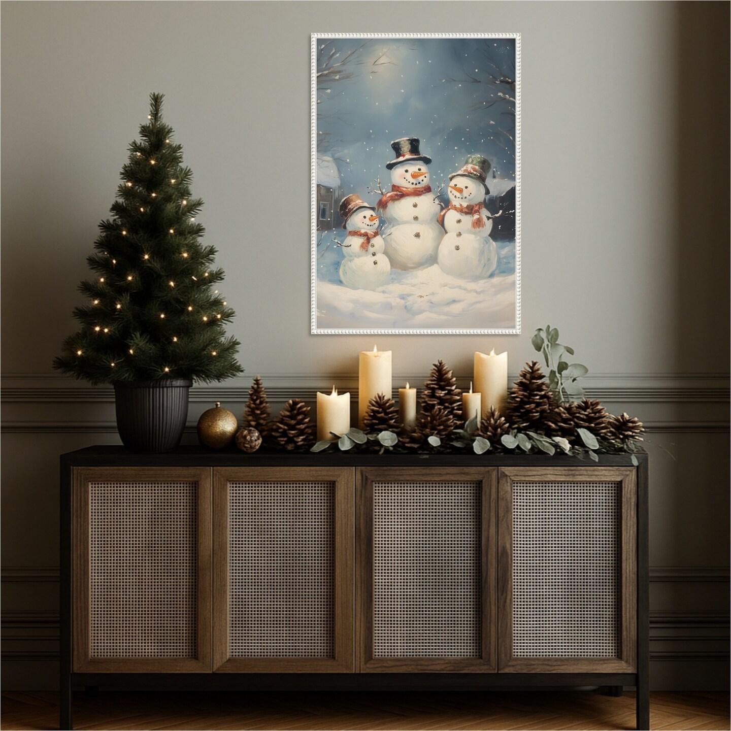 Snowman Family by Melloi Art Prints 23-in. W x 33-in. H. Canvas Wall Art Print Framed